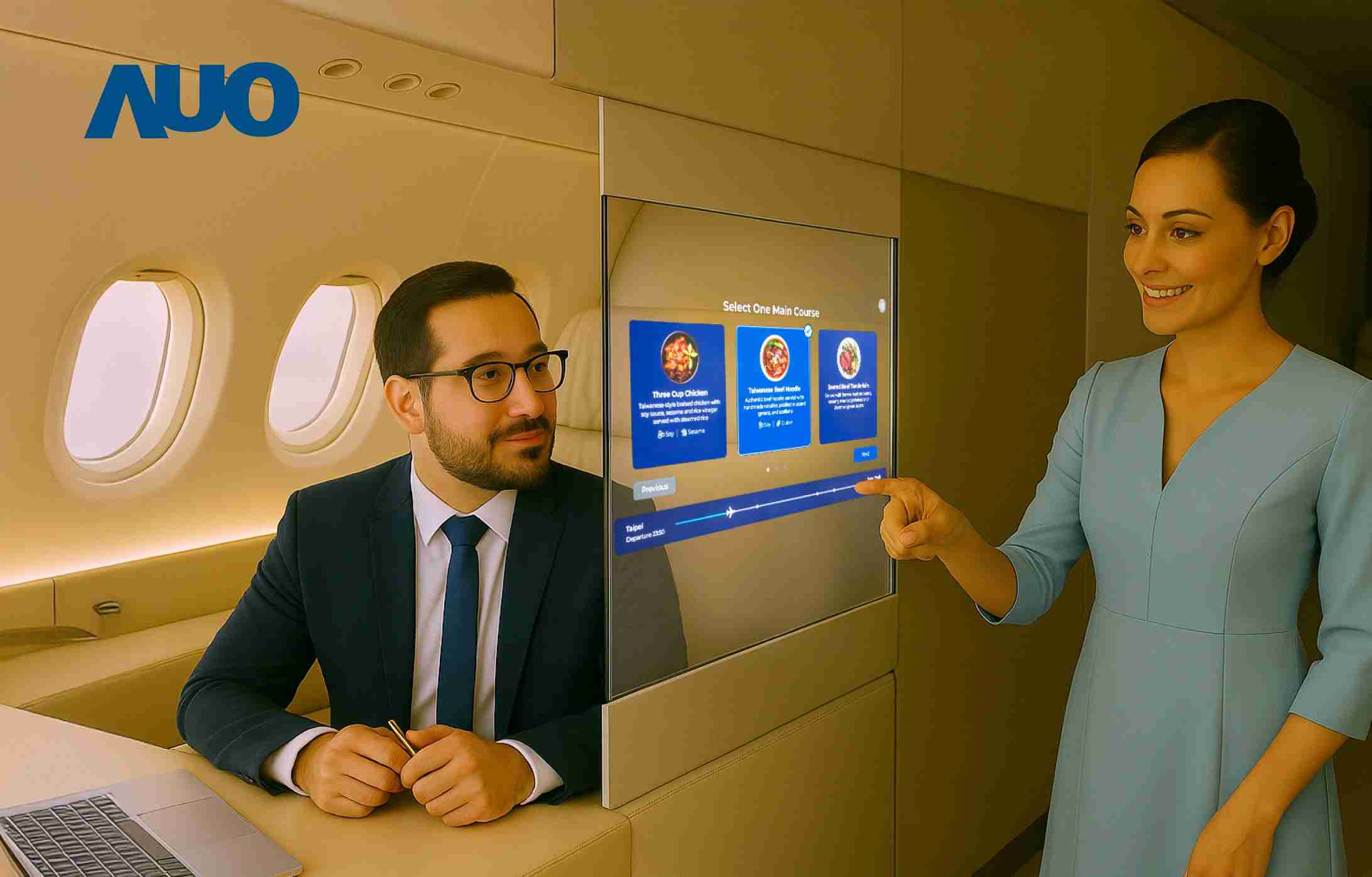 william威廉中文官网研发全球最薄17.3 吋双面透明 Micro LED 显示器，，，，可在同一屏幕之双边投射不同信息，，，，创造独特的”透明化”互动；图为实时翻译交流应用情境